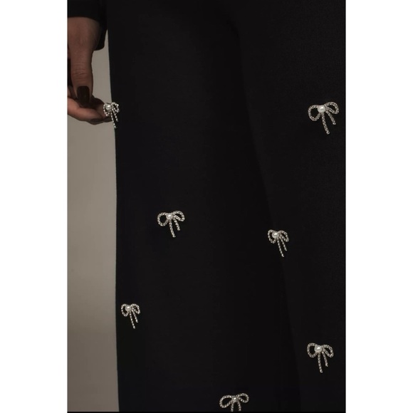 NWT Anthropologie The Colette Cropped Wide Leg Pants Maeve Bow Sequin Black - Picture 4 of 17